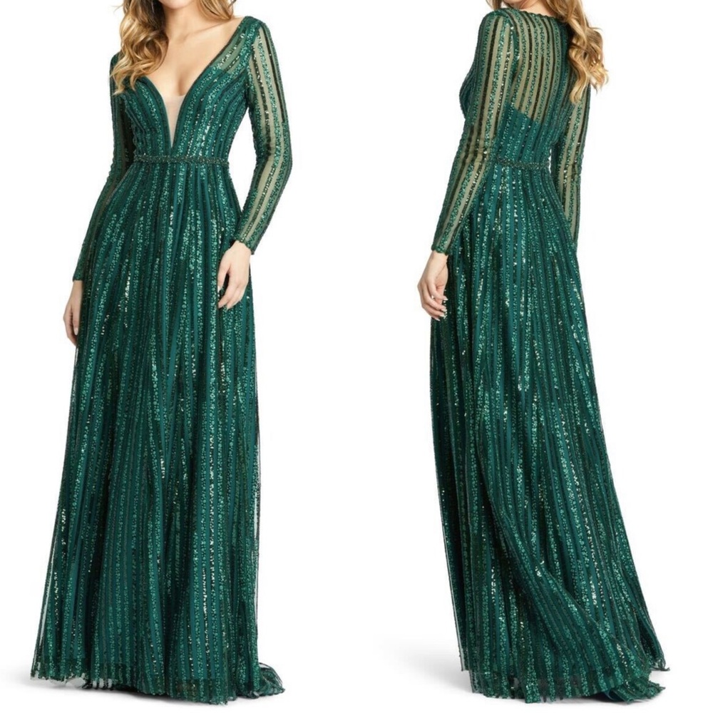MAC DUGGAL Long Sleeve Sequin Emerald Green Gown